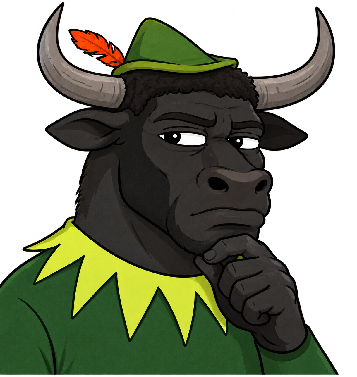 BULLHOOD, the black bull outlaw, wearing his green feathered hat and looking deeply unimpressed